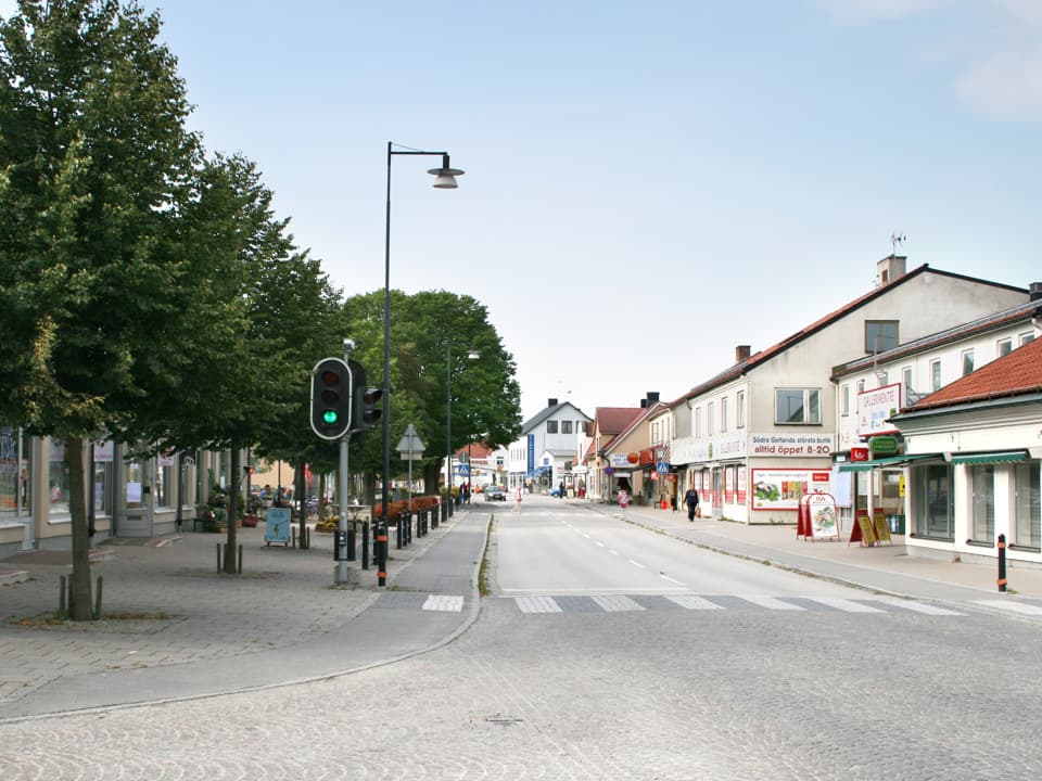 Bilväg genom Hemse, allé med träd på rad på ena sidan vägen och på andra sidan butiker och bostäder.