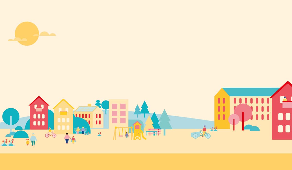 En illustration av en stad med många byggnader och människor som går omkring.