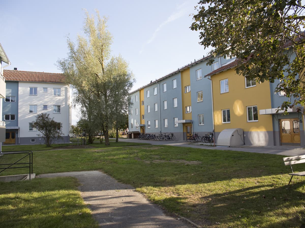 Lägenhetshus i grönområde en solig dag.