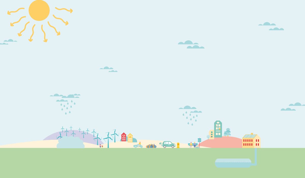 Illustration med sol och blå himmel och texten Välkommen.