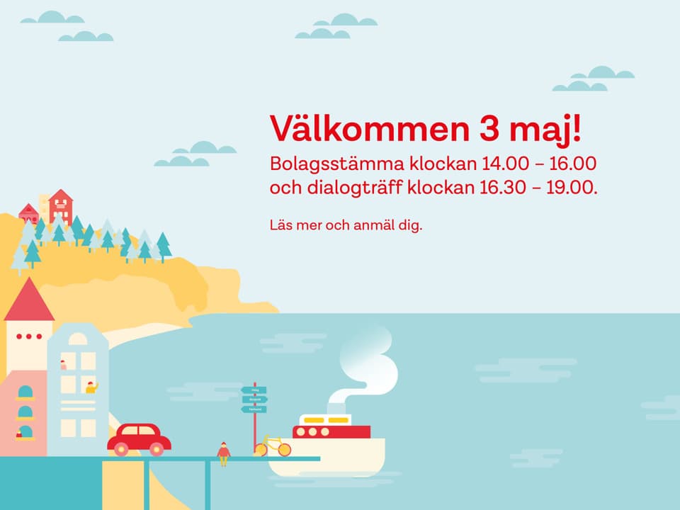 Illustration över Visby hamn med inbjudan till bolagsstämma och dialogträff
