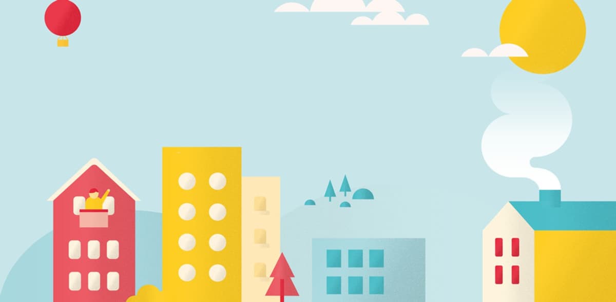 En illustrerad bild av fastigheter i olika former och färger.