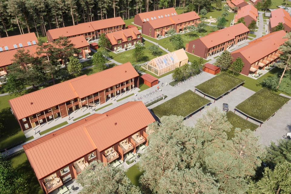 Föreslagen skiss med fågelvy över kvarteret Riggen