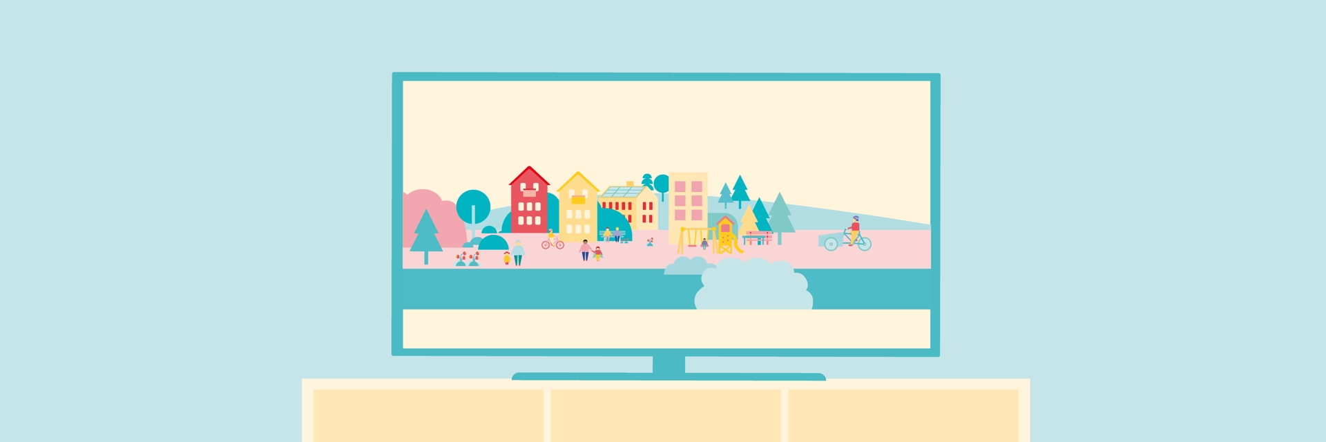 Illustration av en tv på en tv-bänk i ett vardagsrum.