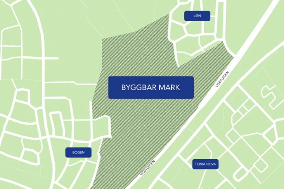 Illustration som visar karta över byggbar mark i Gråbo.