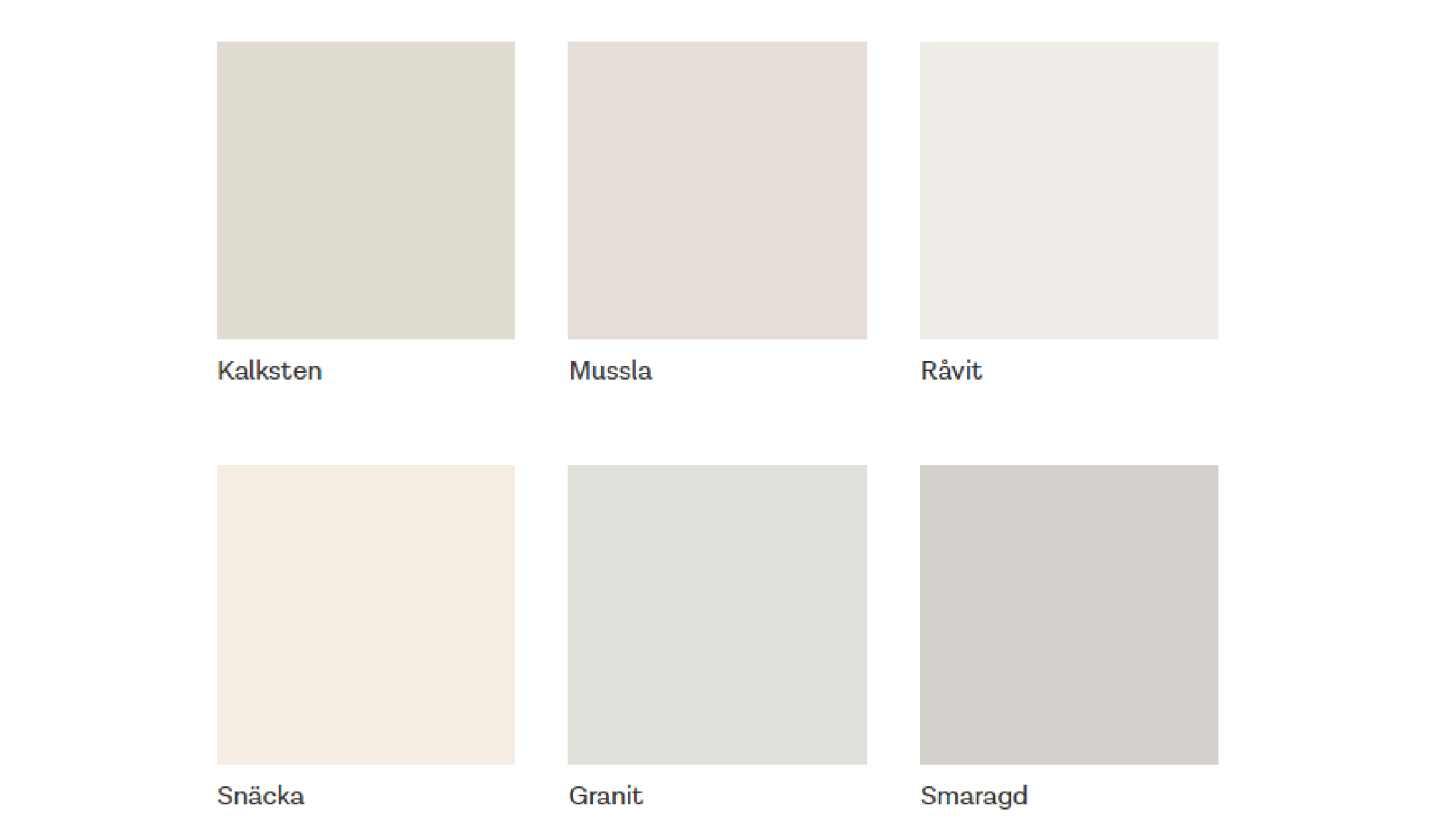 Färgval vid underhåll av bostad. Färgval som presenteras är Kalksten, Mussla, Råvil, Snäcka, Granit och Smaragd.