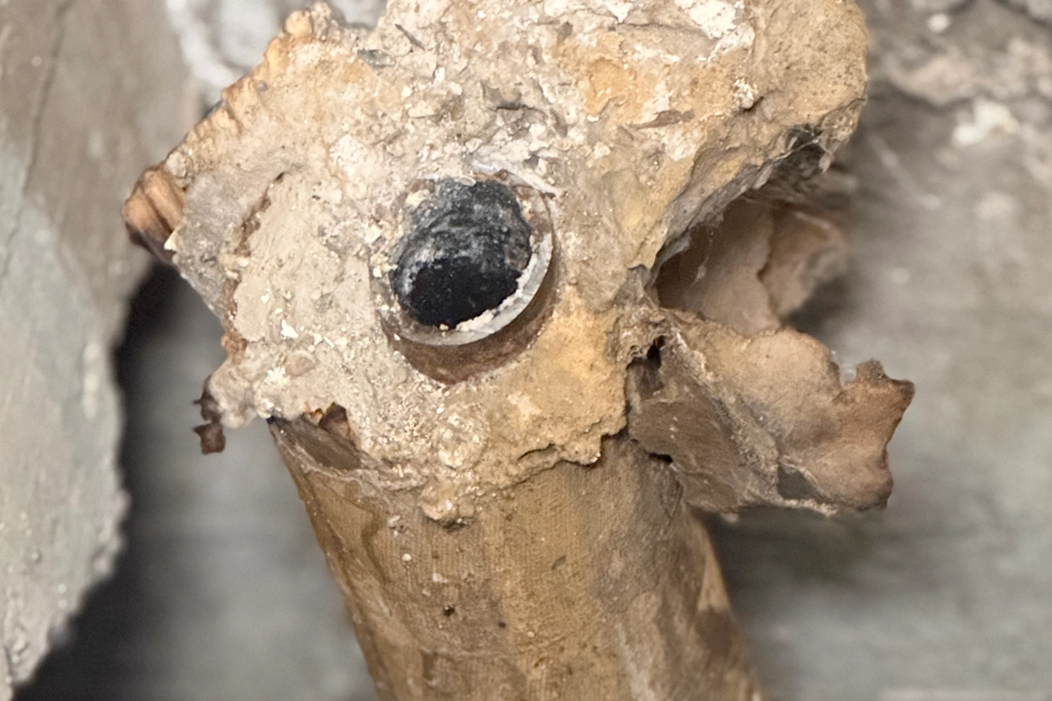 Smutsigt rör under ett uppbrutet trägolv.