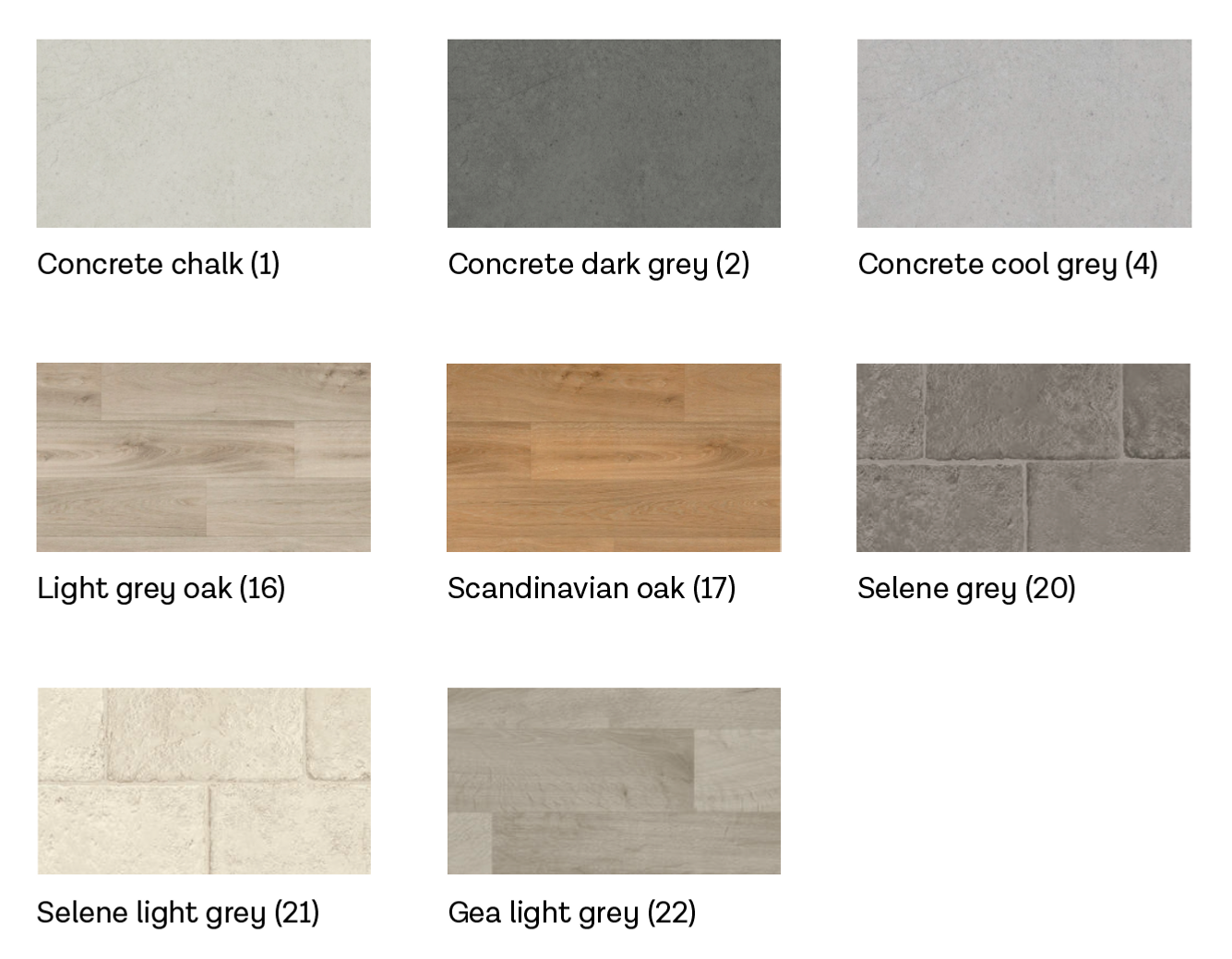 Materialval av golv vid underhåll av bostad. 8 olika val: concrete chalk, concrete dark grey, concrete cool grey, light grey oak, scandinavian oak, selene grey, selene light grey och gea light grey.