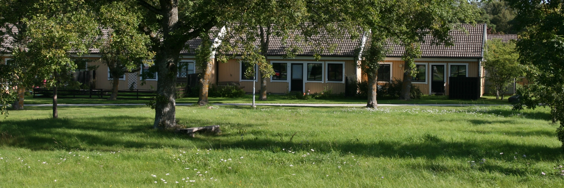 Gula radhus med vita knutar. Framför husen är det en lummig trädgård med grön gräsmatta och några träd. 