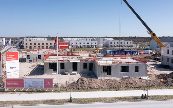 Drönarfoto över byggnation av kvarteret Signallottan 2, A7, Visby.
