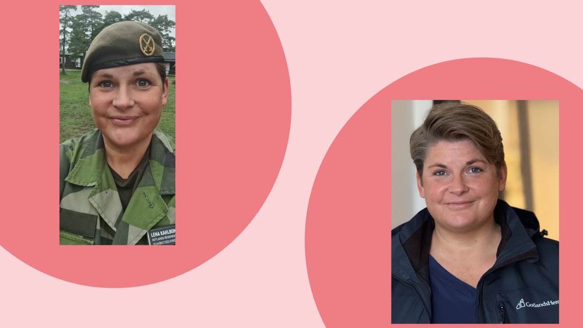 Två bilder av samma kvinna. En där hon har milotärgröna kläder och en där kläderna är blå.