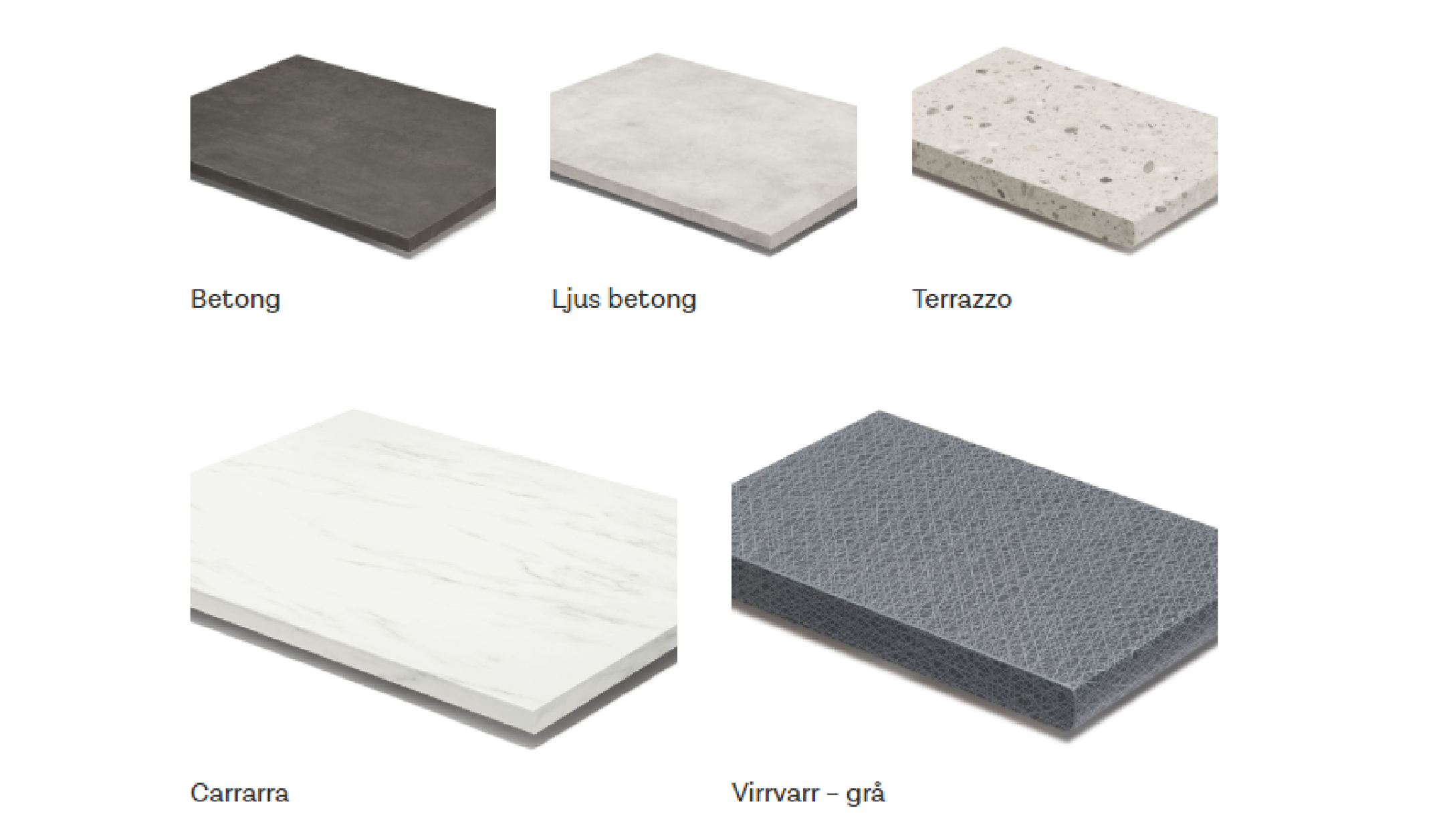 Materialval vid underhåll av bostad. De olika alternativen som finns är betong, ljus betong, terrazzo, carrarra och virrvarr i grått.