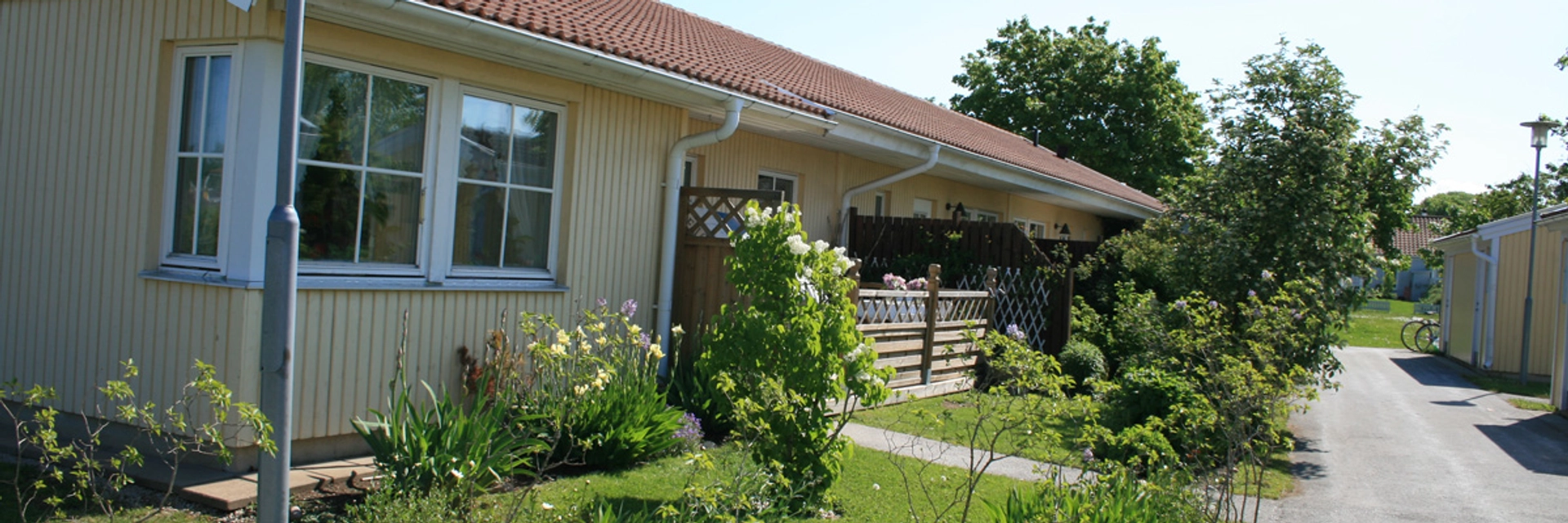 Gult avlångt hus med tegeltak, vita knutar och vita fönsterkarmar. Framför huset är det gräsmatta, buskar och en smal väg.