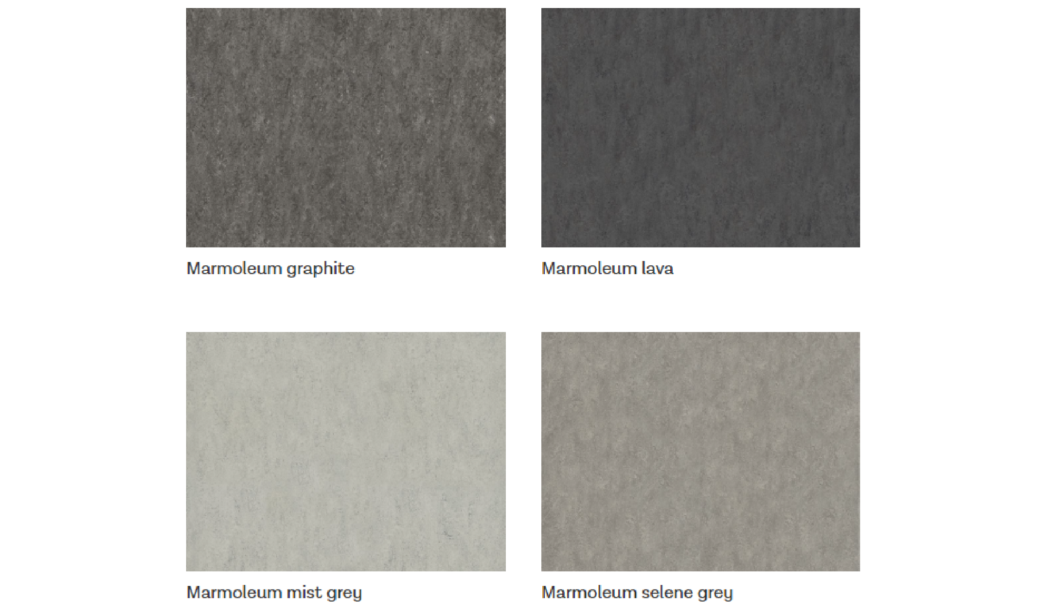 Materialval vid byte av linoleummattor. Marmoleum graphite, marmoleum lava, marmoleum mist grey och marmoleum selene grey.