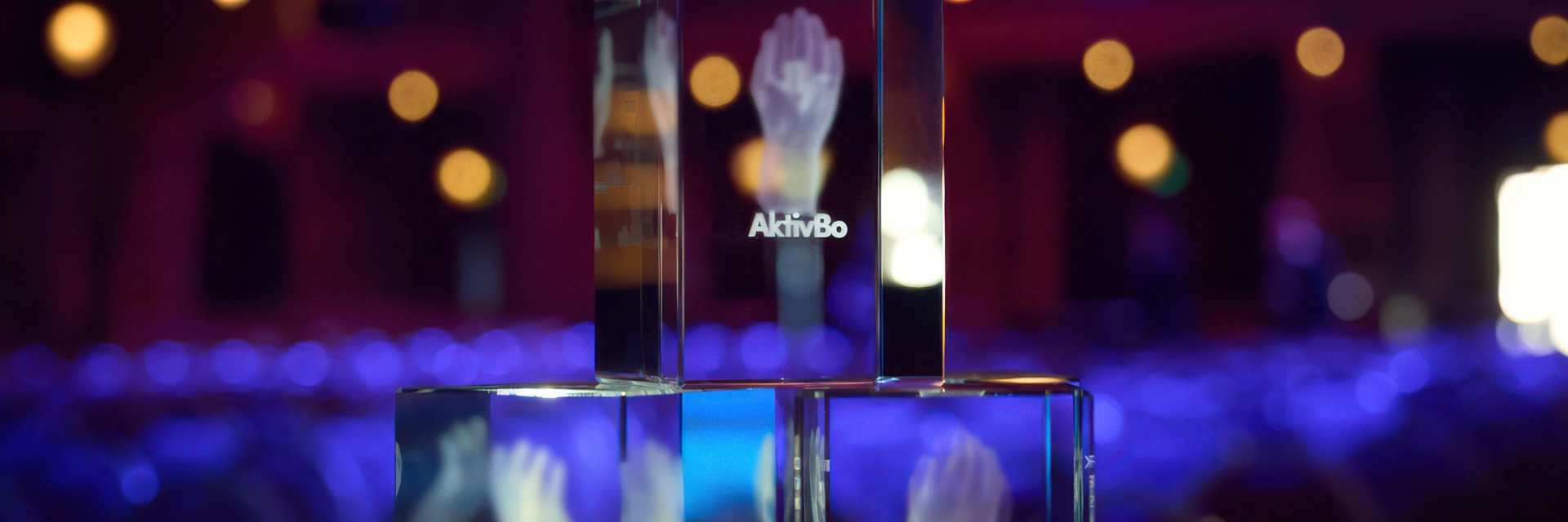 Några utmärkelsepriser i glas som står på ett bord.