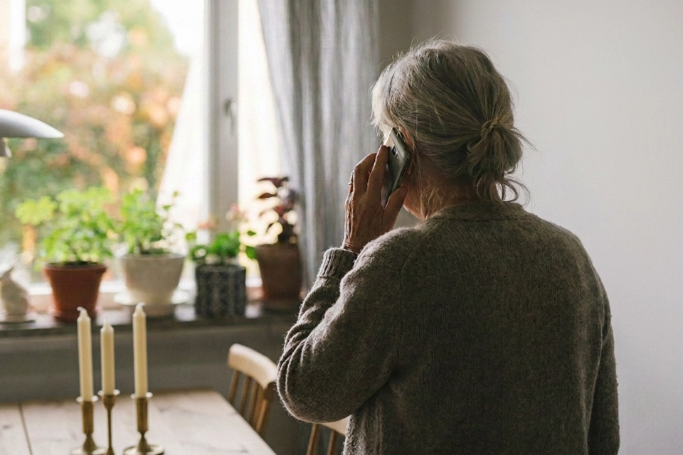 En kvinna som pratar i mobiltelefonen och tittar ut genom fönstret.