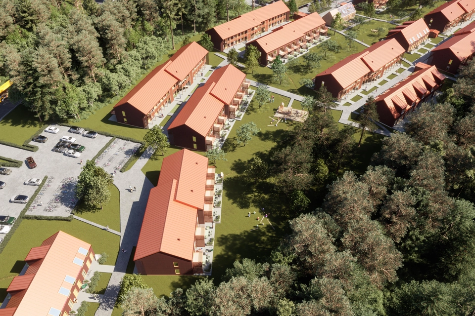 Föreslagen skiss med fågelvy över kvarteret Riggen